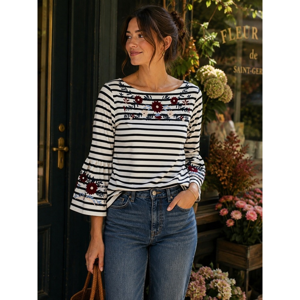 J.Crew Nautical Embroidered Floral Stripe Bell Sleeve Top Black White Cotton M